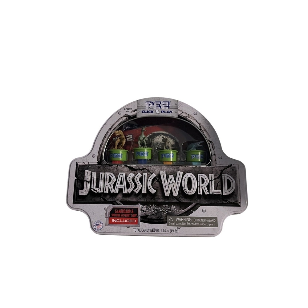 PEZ Jurassic World Click & Play Gift Tin 4 Dispensers Gameboard NWT 2018 T-Rex